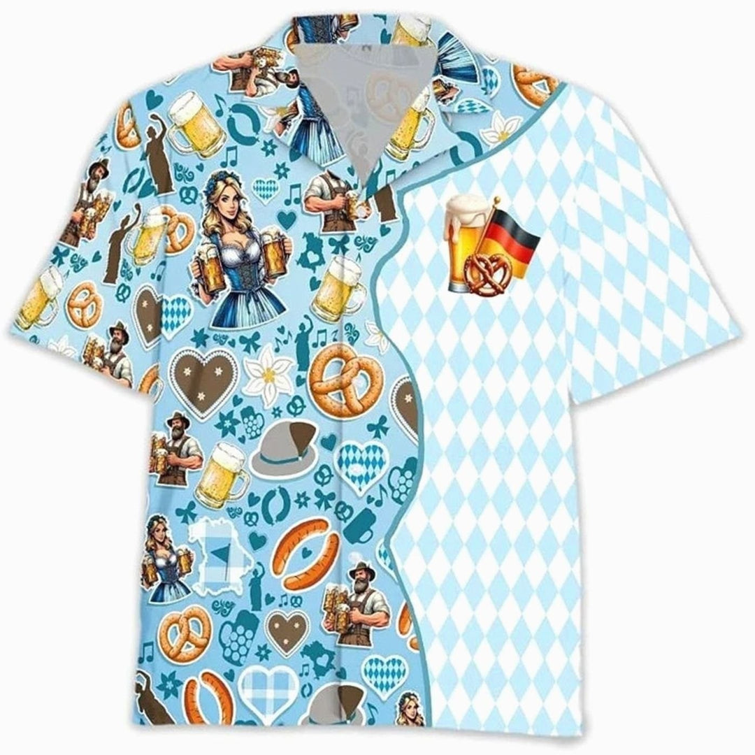Hawaiihemd hellblau im Rautenmuster mit Trachten-Illustrationen und Bierkrug-Print