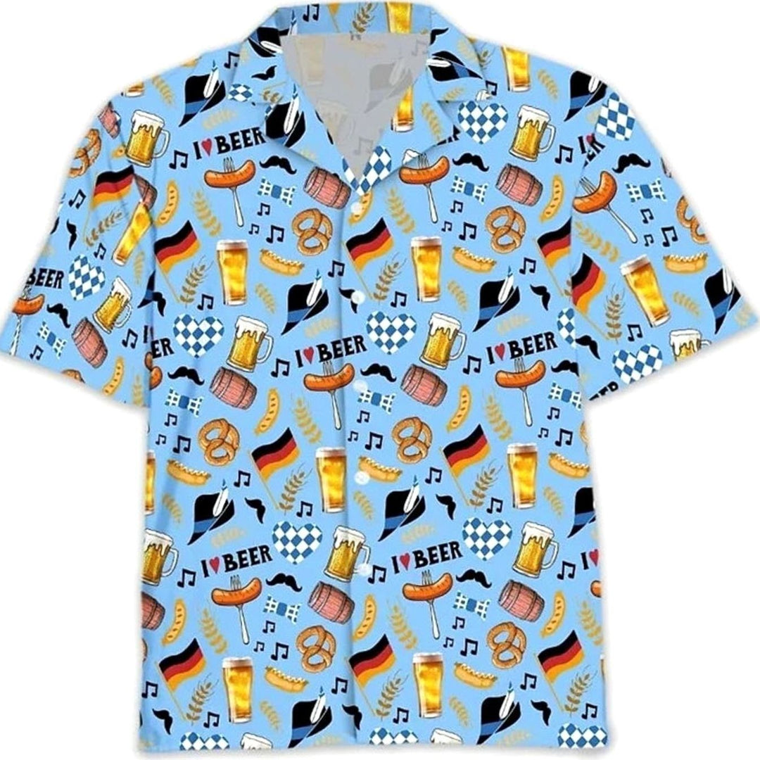 Hawaiihemd hellblau mit 'I Love Beer'-Schriftzug, Bierkrug und Brezel-Muster