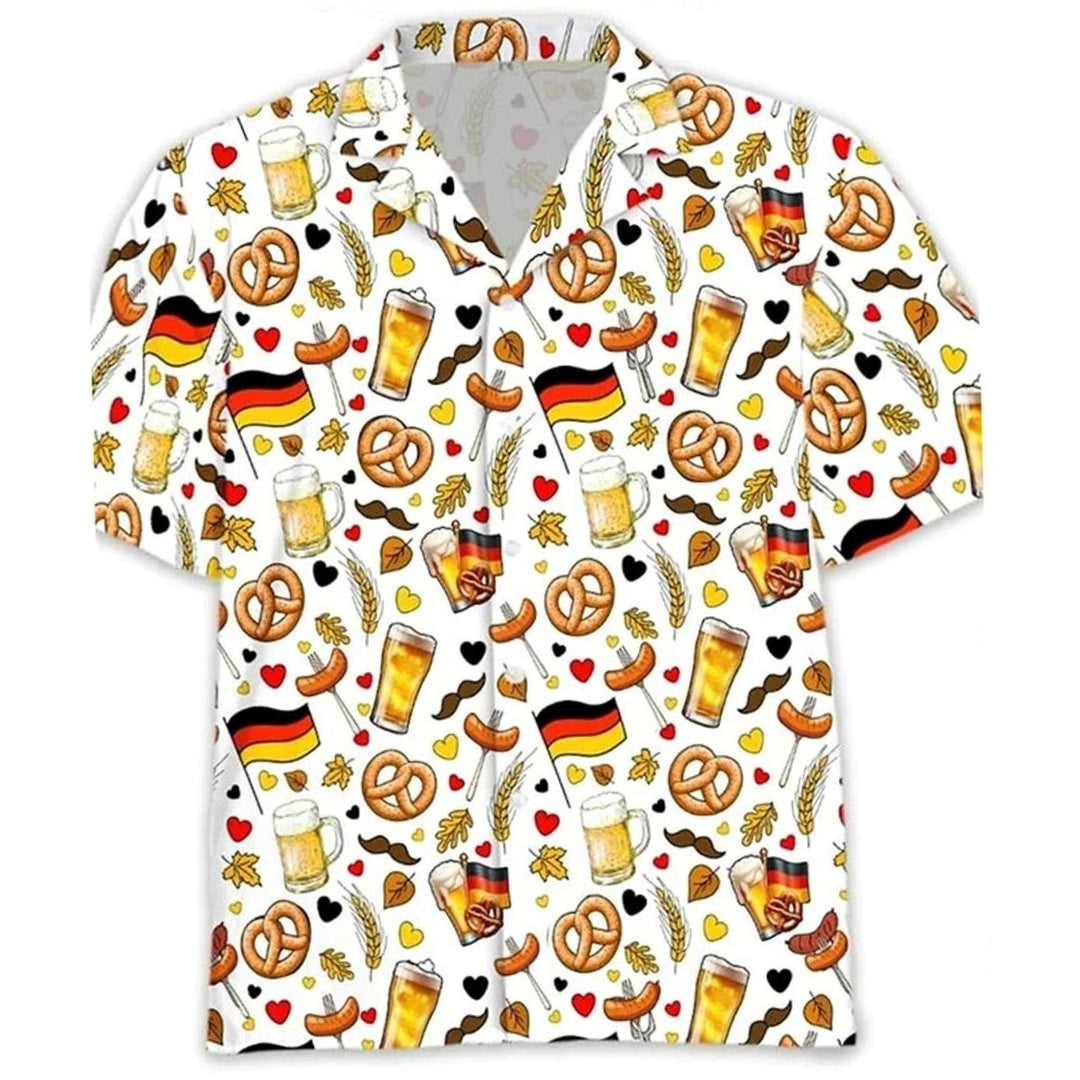 Hawaiihemd weiß mit Bierkrug-, Brezel- und Deutschlandflaggen-Muster