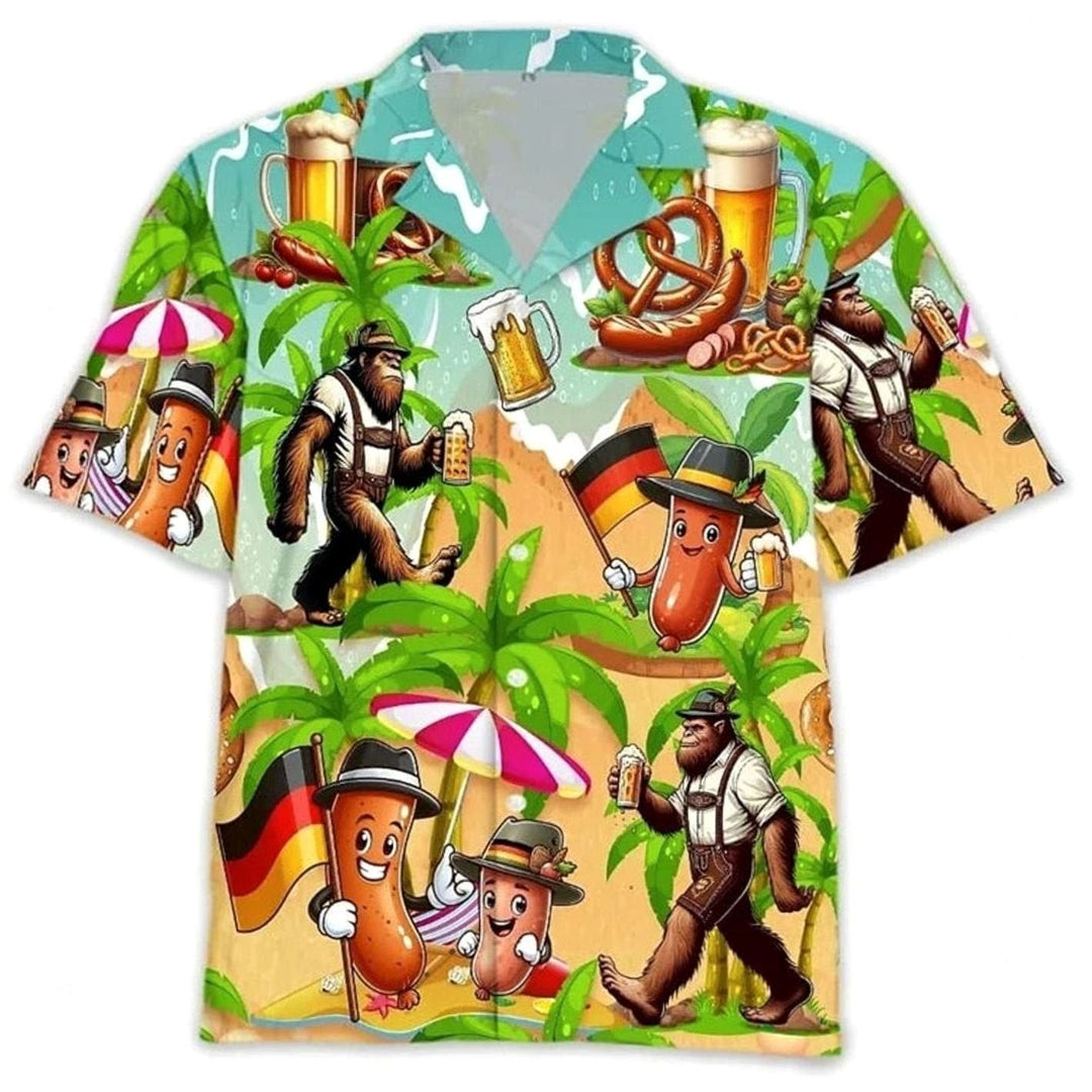 Hawaiihemd bunt mit Bigfoot-Motiv, Palmen und Oktoberfest-Würstchen