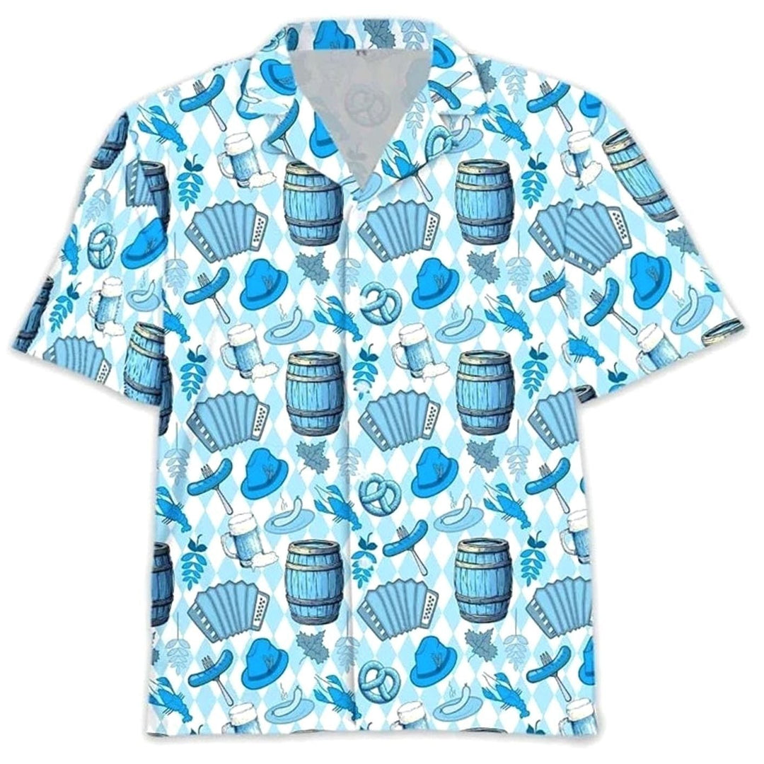 Hawaiihemd blau-weiß im Rautenmuster mit Akkordeon-, Fass- und Brezel-Print
