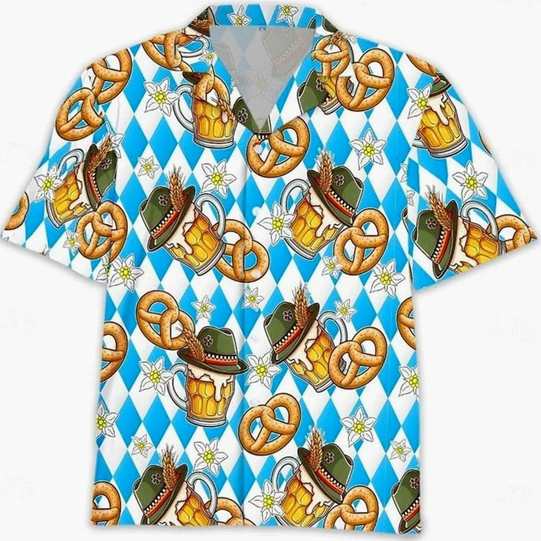 Hawaiihemd blau-weiß im Rautenmuster mit Trachtenhut, Bierkrug und Brezel