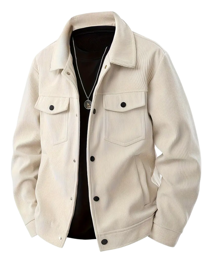 Beige Cordjacke für Herren mit Brusttaschen und Druckknopfleiste
