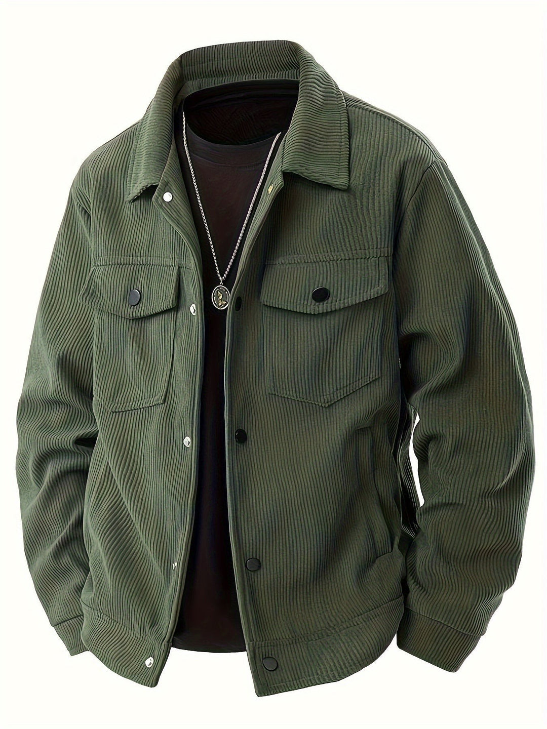 Olivgrüne Cord-Hemdjacke mit Kentkragen und Knopftaschen