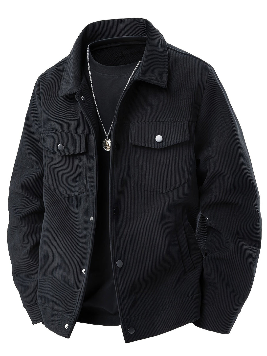 Schwarze Herren-Cordjacke mit Druckknöpfen und aufgesetzten Taschen