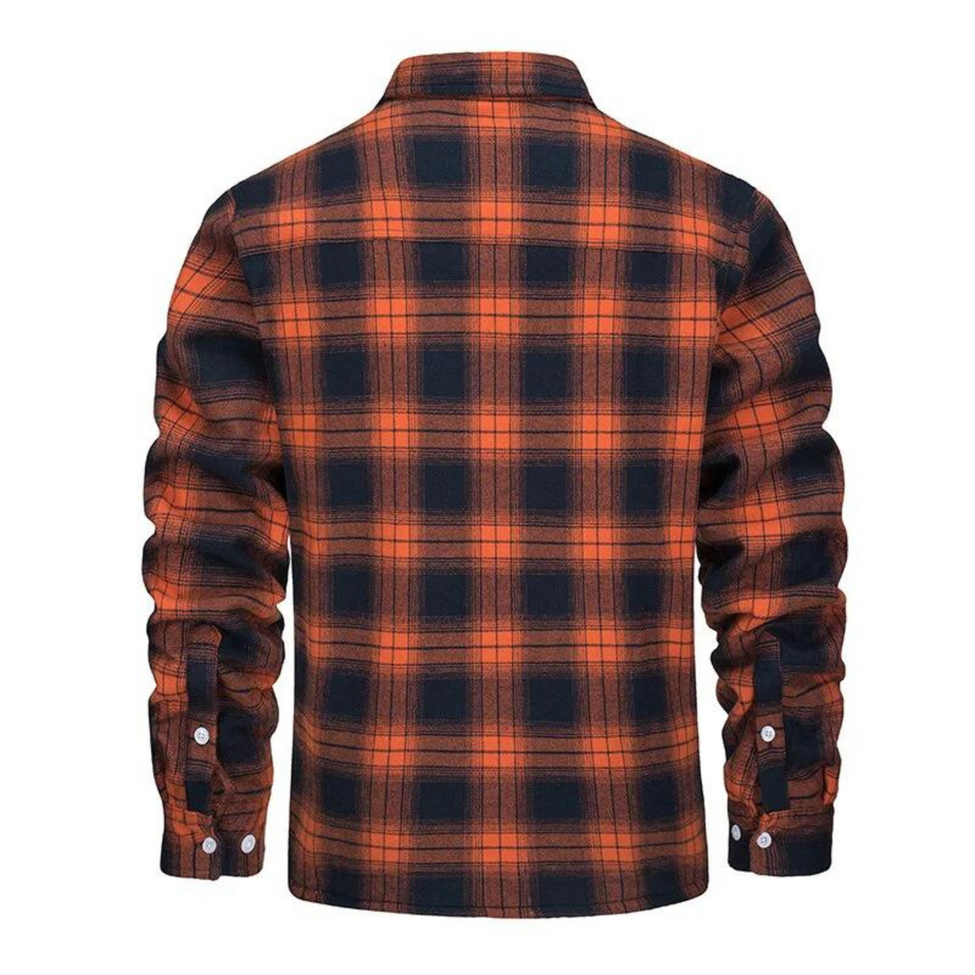 Karierte Flanelljacke in Orange-Schwarz mit Kragen, Rückenansicht