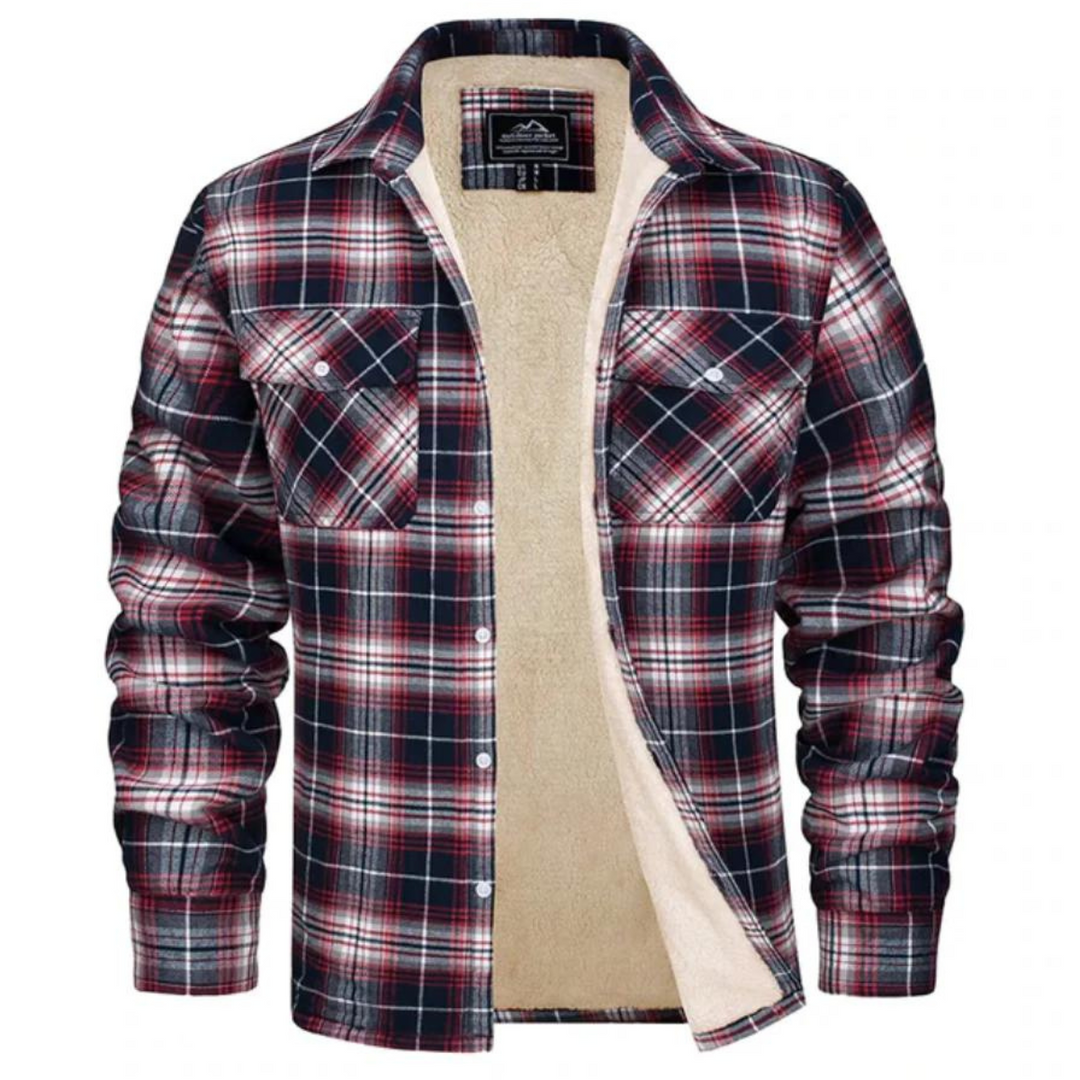 Karierte Hemdjacke in Rot-Weiß-Navy mit warmem Sherpa-Futter