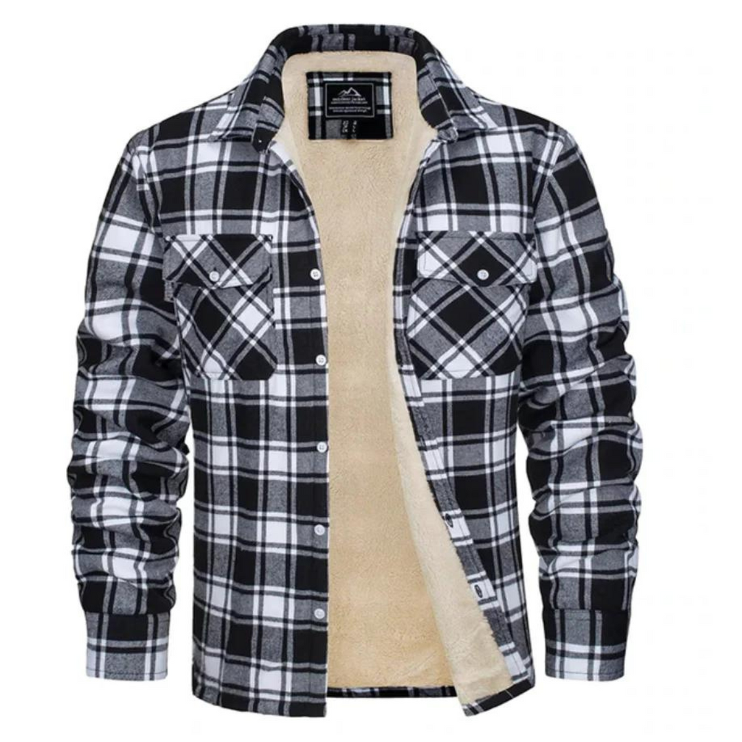 Schwarz-weiß karierte Fleecejacke mit Kragen und Knopftaschen