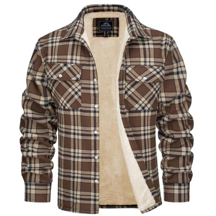 Braun-beige karierte Jacke mit Sherpa-Innenfutter und Brusttaschen