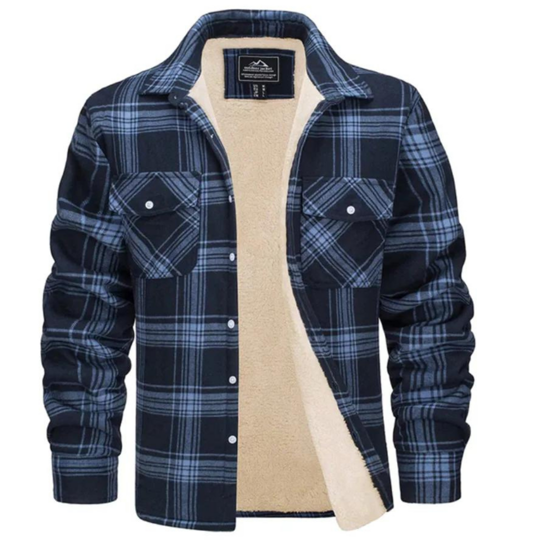 Dunkelblau-hellblau karierte Fleecejacke mit Kragen und Knöpfen