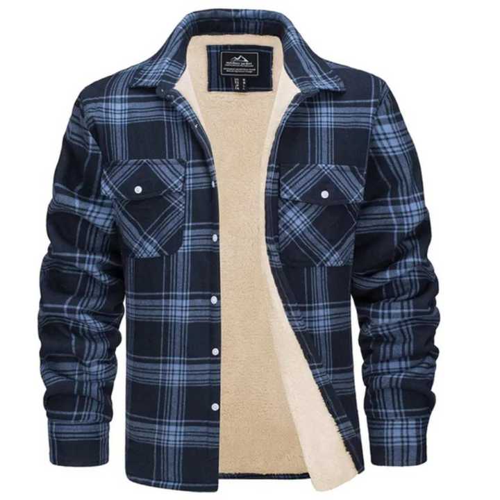 Dunkelblau-hellblau karierte Fleecejacke mit Kragen und Knöpfen