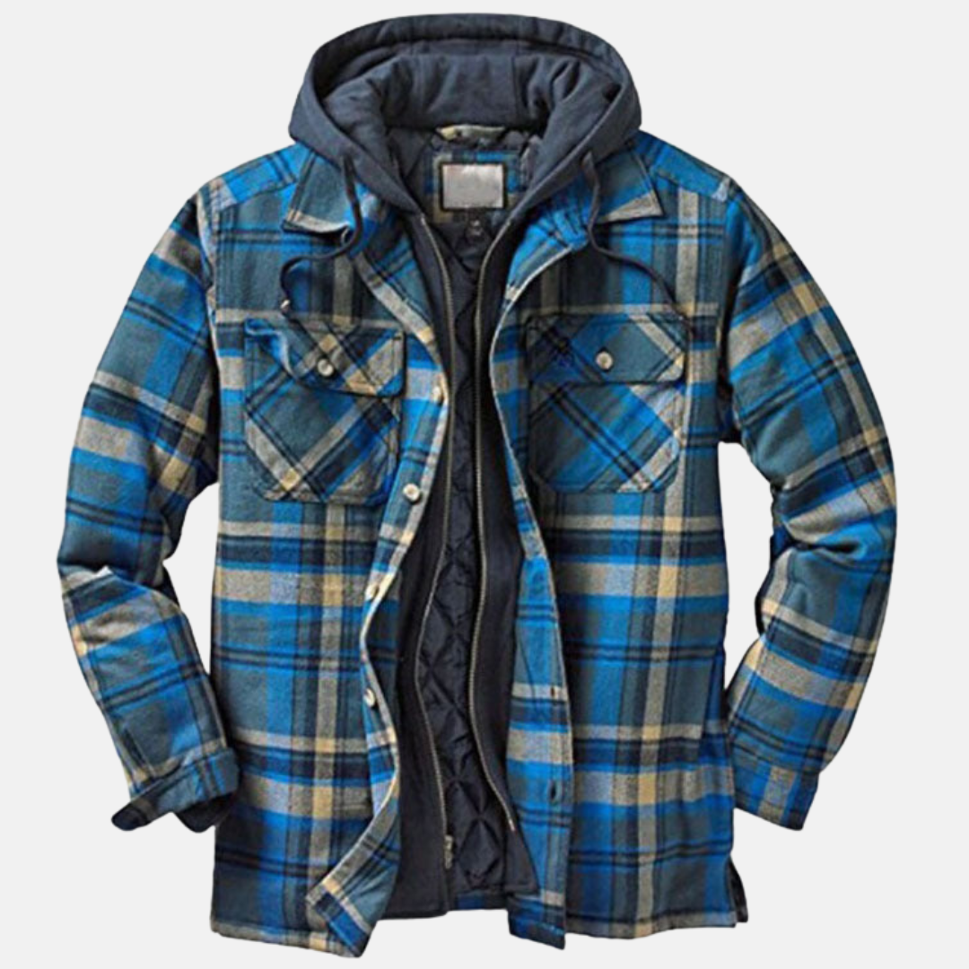 Blau karierte Jacke mit dunkelblauer Kapuze und aufgesetzten Taschen