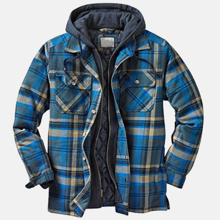Blau karierte Jacke mit dunkelblauer Kapuze und aufgesetzten Taschen