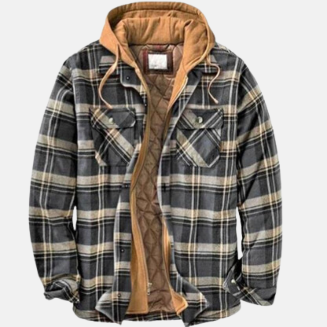 Grau-schwarz karierte Flanelljacke mit brauner Kapuze und Knopftaschen vorne
