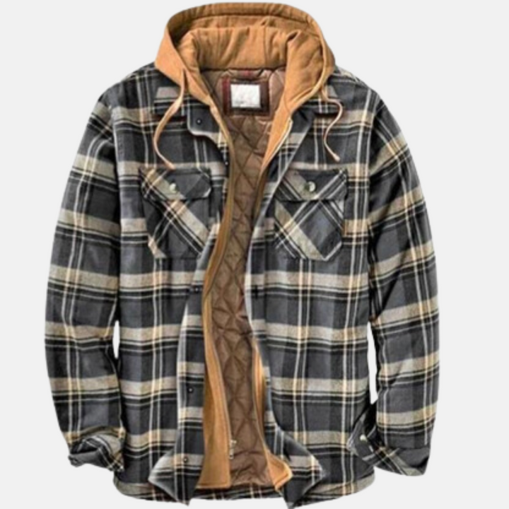 Grau-schwarz karierte Flanelljacke mit brauner Kapuze und Knopftaschen vorne
