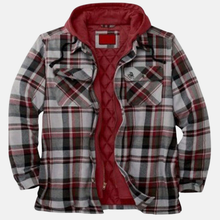 Grau-rot karierte Flanelljacke mit Kapuze und gesteppter roter Innenfütterung