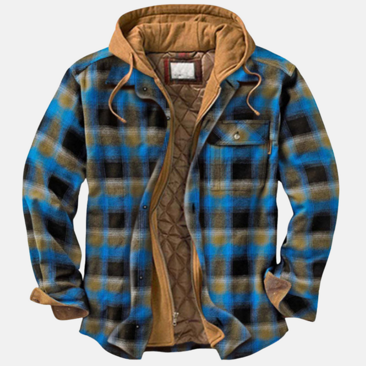 Blau-schwarz karierte Flanelljacke mit brauner Kapuze und Kordelzug am Kragen