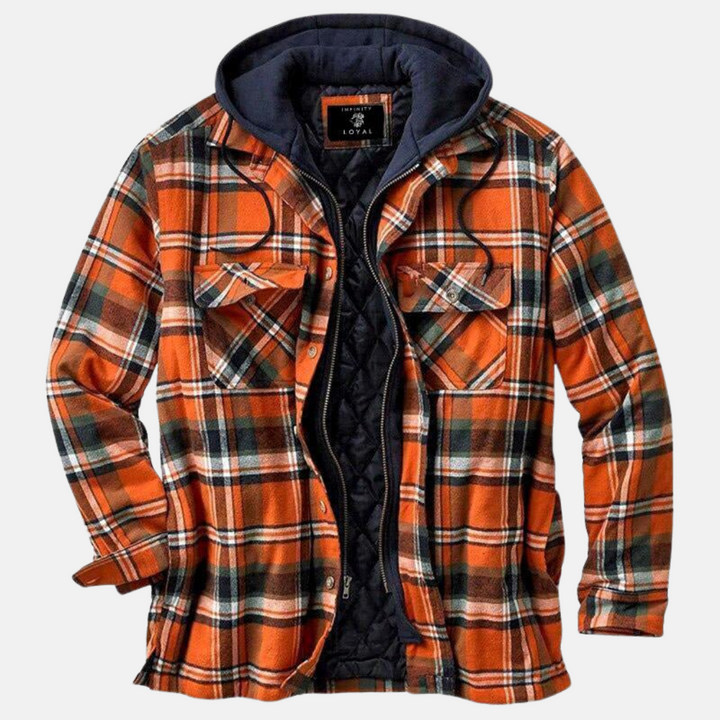 Orange-schwarz karierte Herrenjacke mit dunkler Kapuze und aufgesetzten Brusttaschen