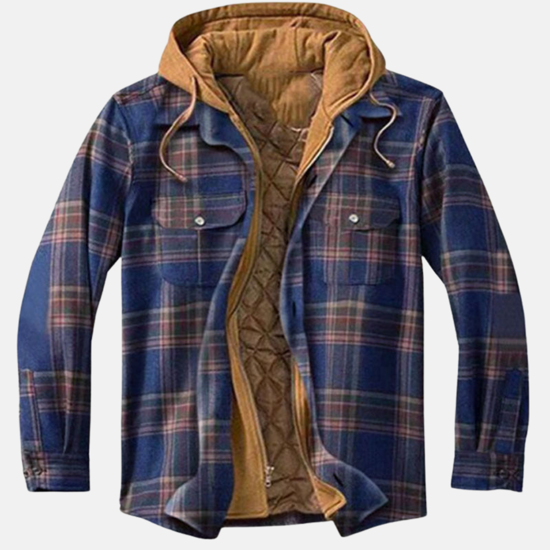 Marineblau karierte Flanelljacke mit brauner Fütterung und Zugkordel-Kapuze