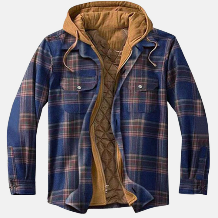 Marineblau karierte Flanelljacke mit brauner Fütterung und Zugkordel-Kapuze