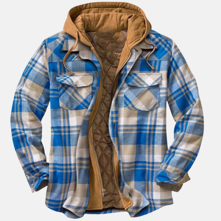 Hellblau-beige karierte Jacke mit brauner Kapuze und geknöpften Brusttaschen