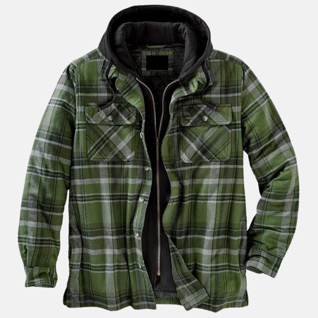 Grün-grau karierte Herrenjacke mit schwarzer Kapuze und Reißverschluss vorne