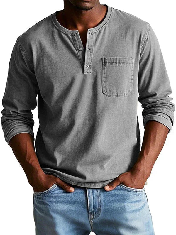 Graues Langarm-Henleyshirt mit Knopfleiste und aufgesetzter Tasche