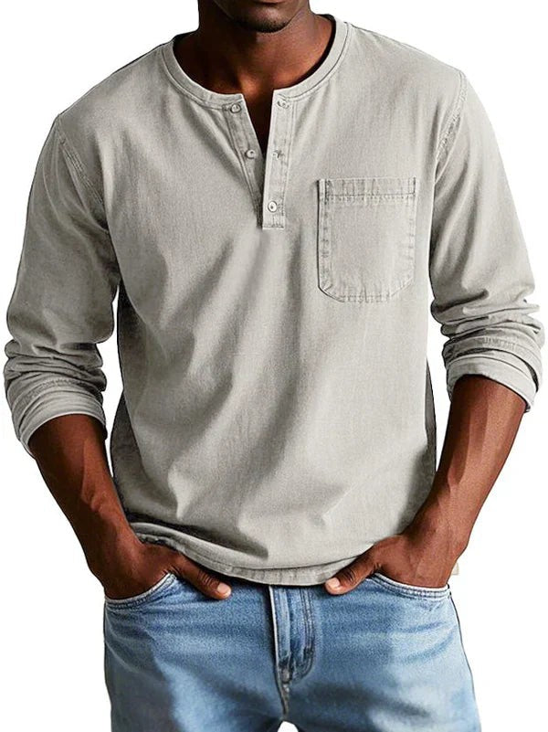 Hellgraues Herren-Henleyshirt mit Knopfleiste und Langarmschnitt