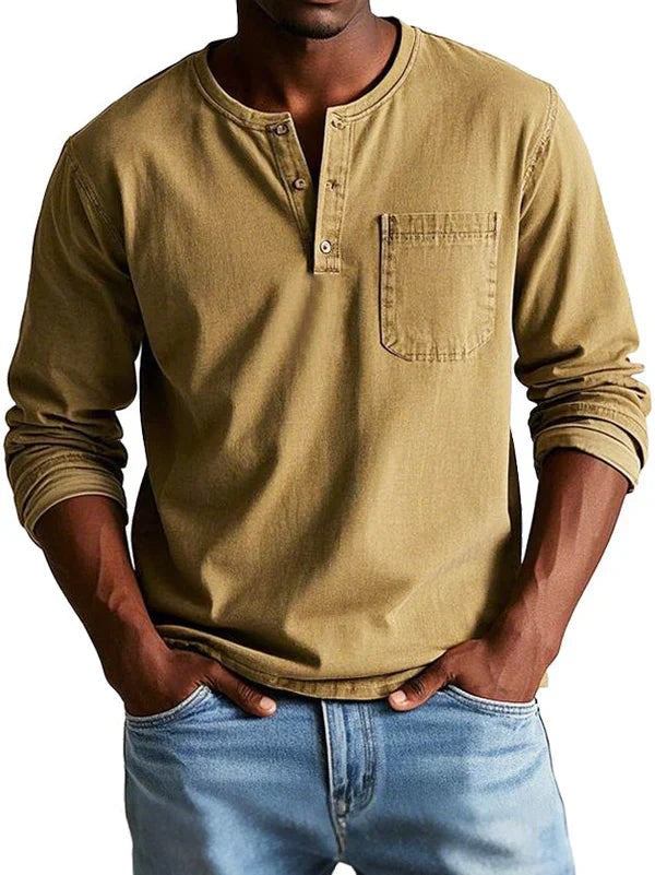 Khakifarbenes Langarm-Henleyshirt mit Brusttasche und Rundhalsausschnitt