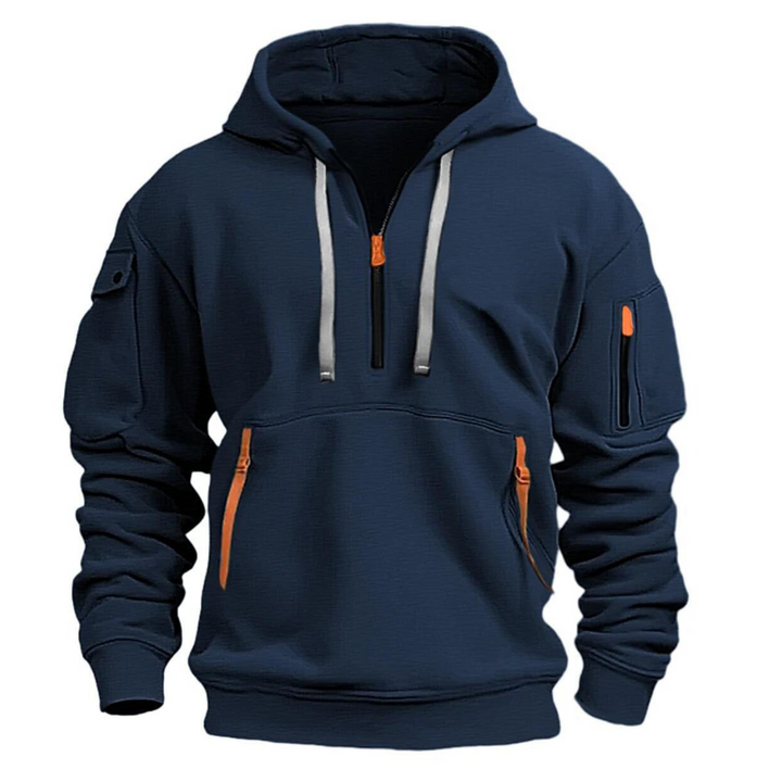 Dunkelblauer Herren Hoodie mit Reißverschluss-Taschen und Kontrastdetails in Orange