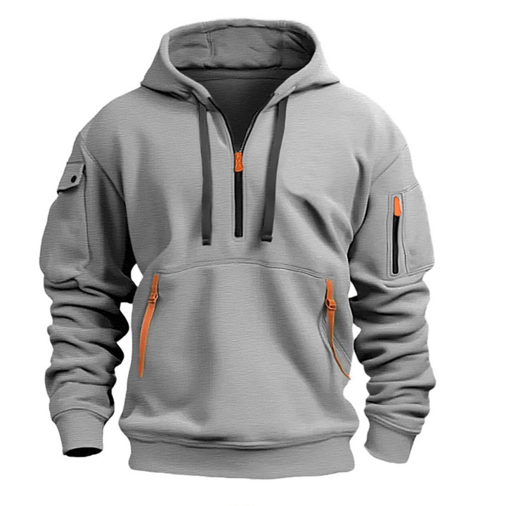 Grauer Herren Hoodie mit Kapuze und orangefarbenen Reißverschluss-Taschen