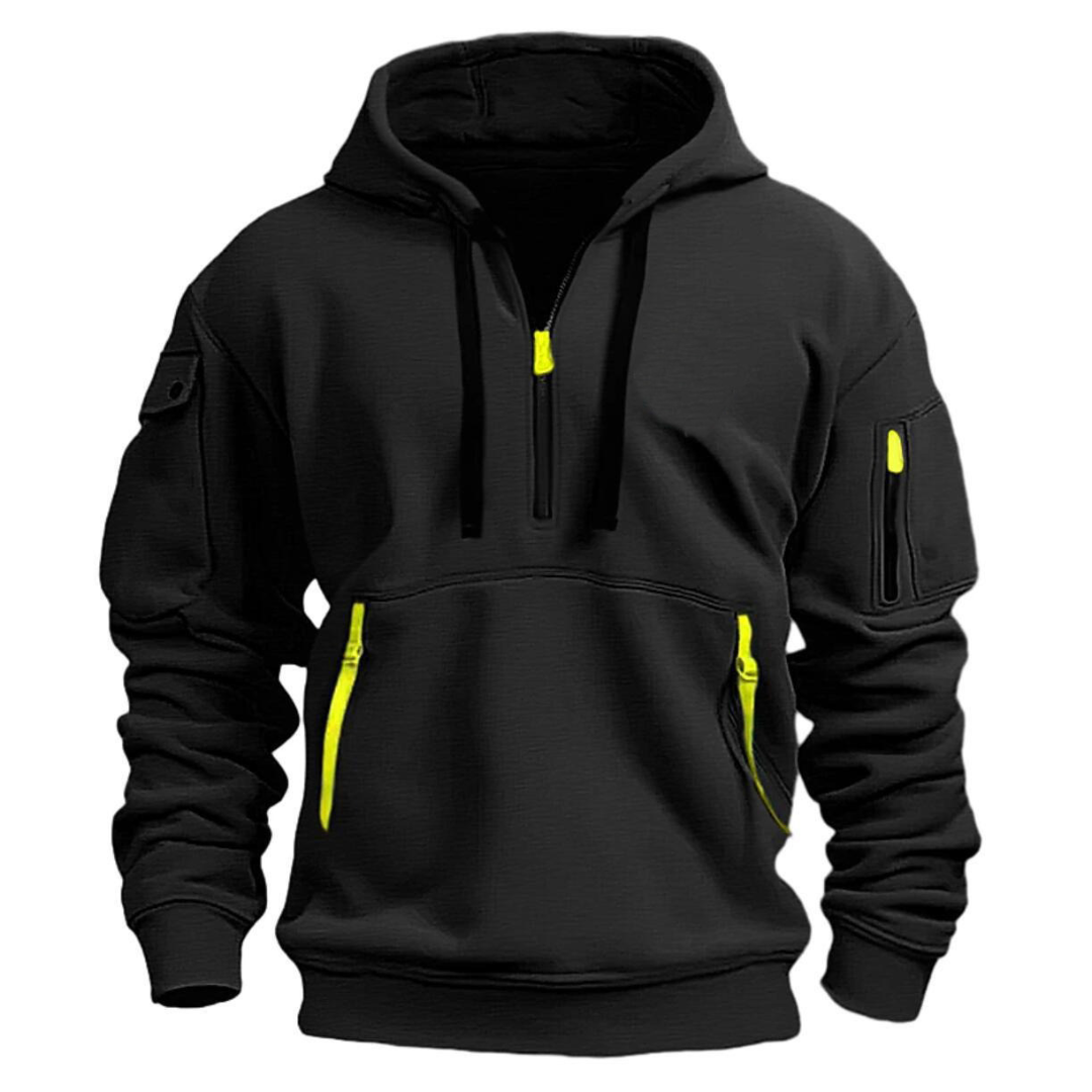 Schwarzer Herren Hoodie mit Zip-Kragen und neongelben Reißverschlussdetails