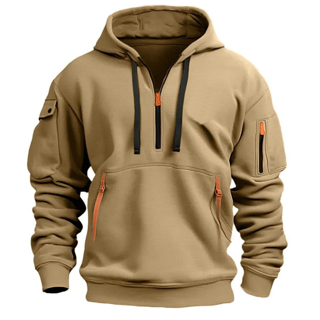 Beige-farbener Herren Freizeit Hoodie mit Brusttasche und Kapuze