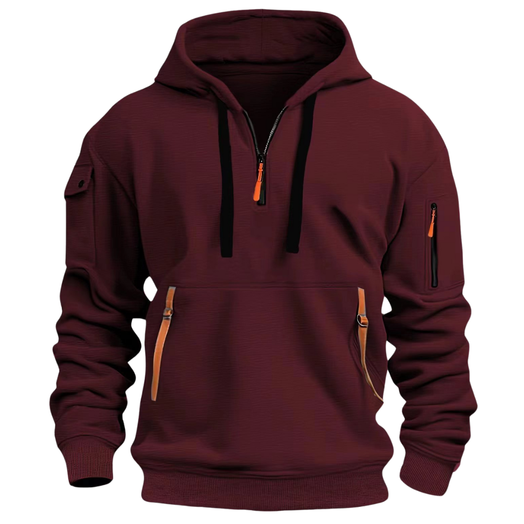 Weinroter Herren Hoodie mit Kapuze und lederartigen Zugbändern