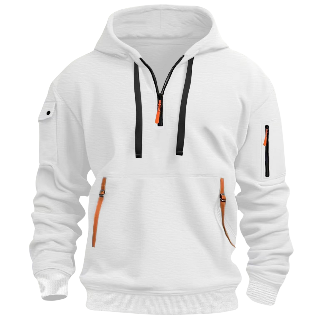Weißer Herren Hoodie mit Reißverschluss-Taschen und Kontrastkordeln