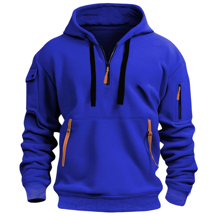 Blauer Herren Hoodie mit Kapuze und orangefarbenen Zip-Details