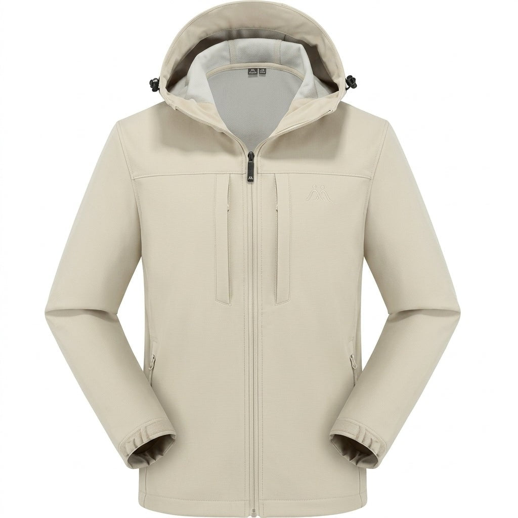 Beige Softshelljacke Herren mit abnehmbarer Kapuze und Reißverschluss