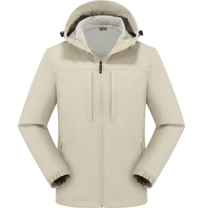 Beige Softshelljacke Herren mit abnehmbarer Kapuze und Reißverschluss