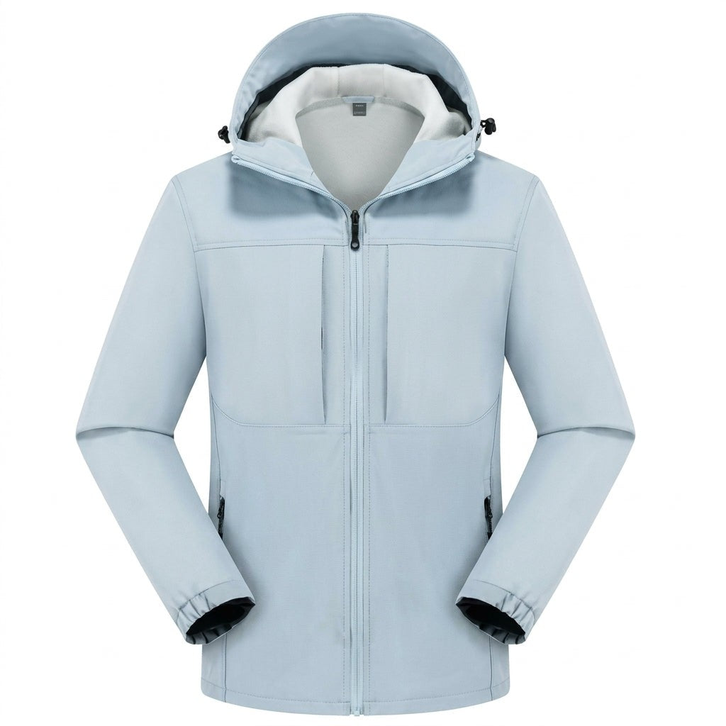 Hellblaue Softshelljacke Herren mit Kapuze und weichem Innenfutter