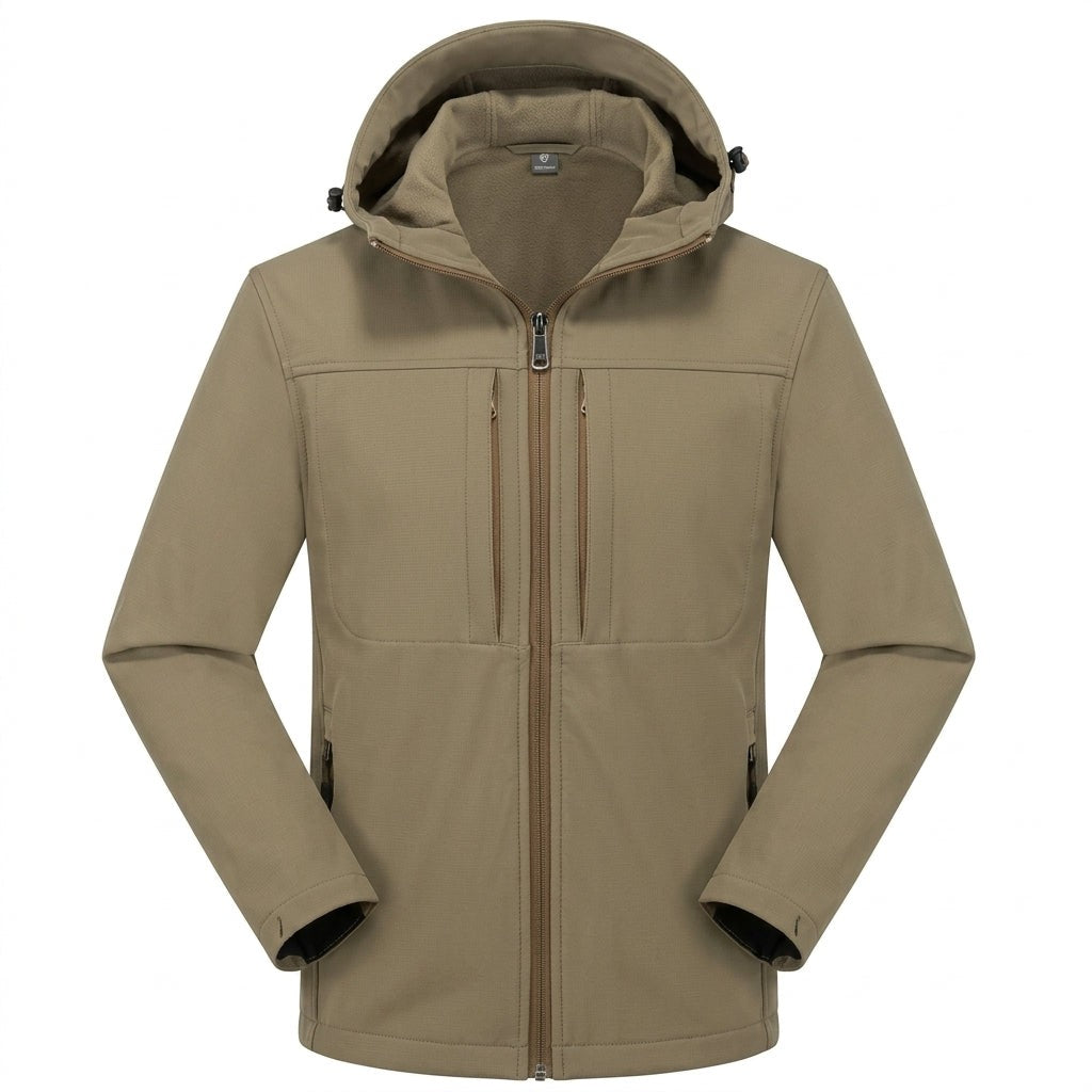 Khakifarbene Softshelljacke Herren mit Kapuze und Kontrast-Reißverschlüssen