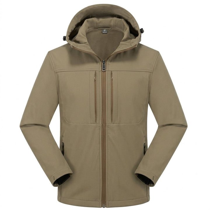 Khakifarbene Softshelljacke Herren mit Kapuze und Kontrast-Reißverschlüssen