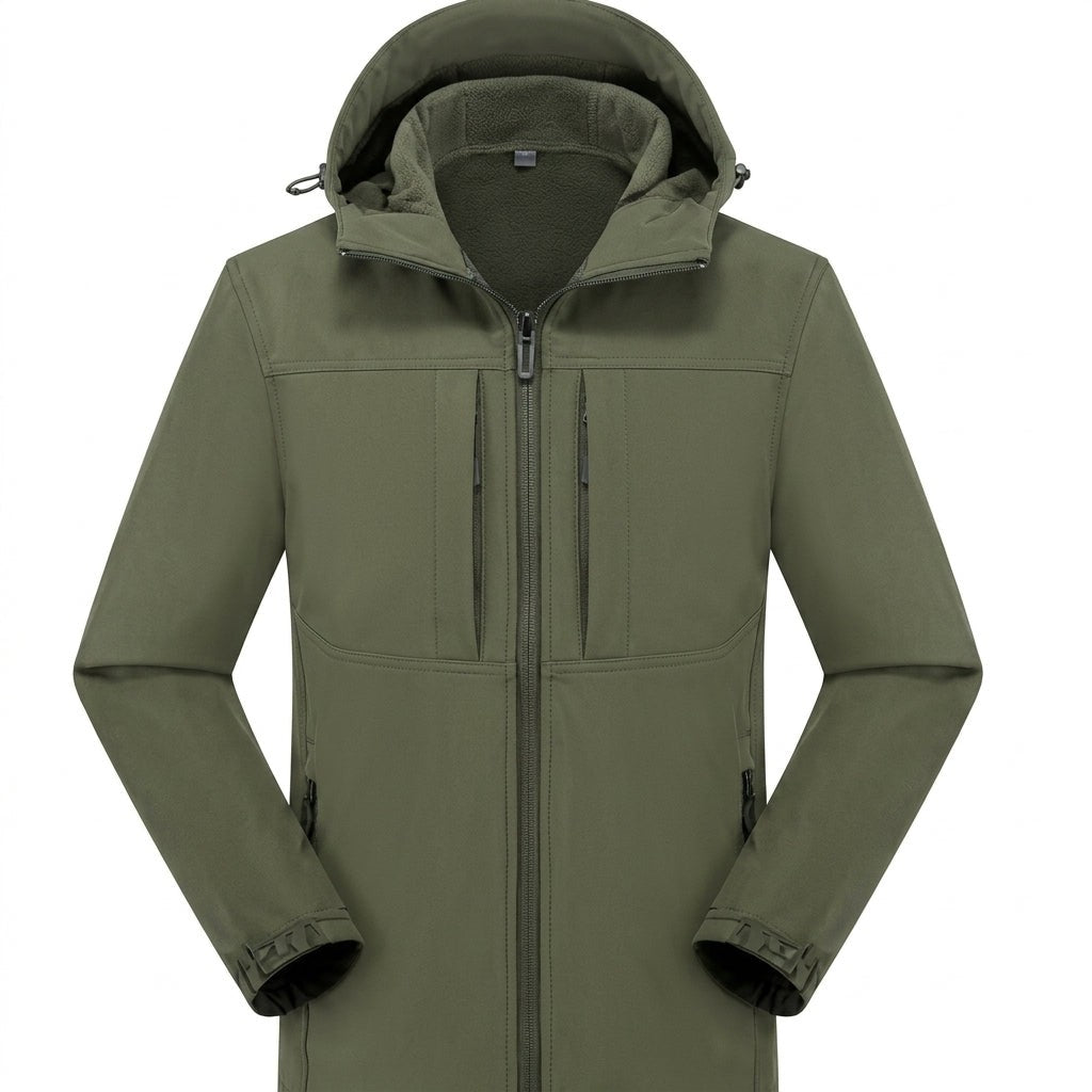 Olivgrüne Softshelljacke Herren mit Kapuze im Nahaufnahme-Detail