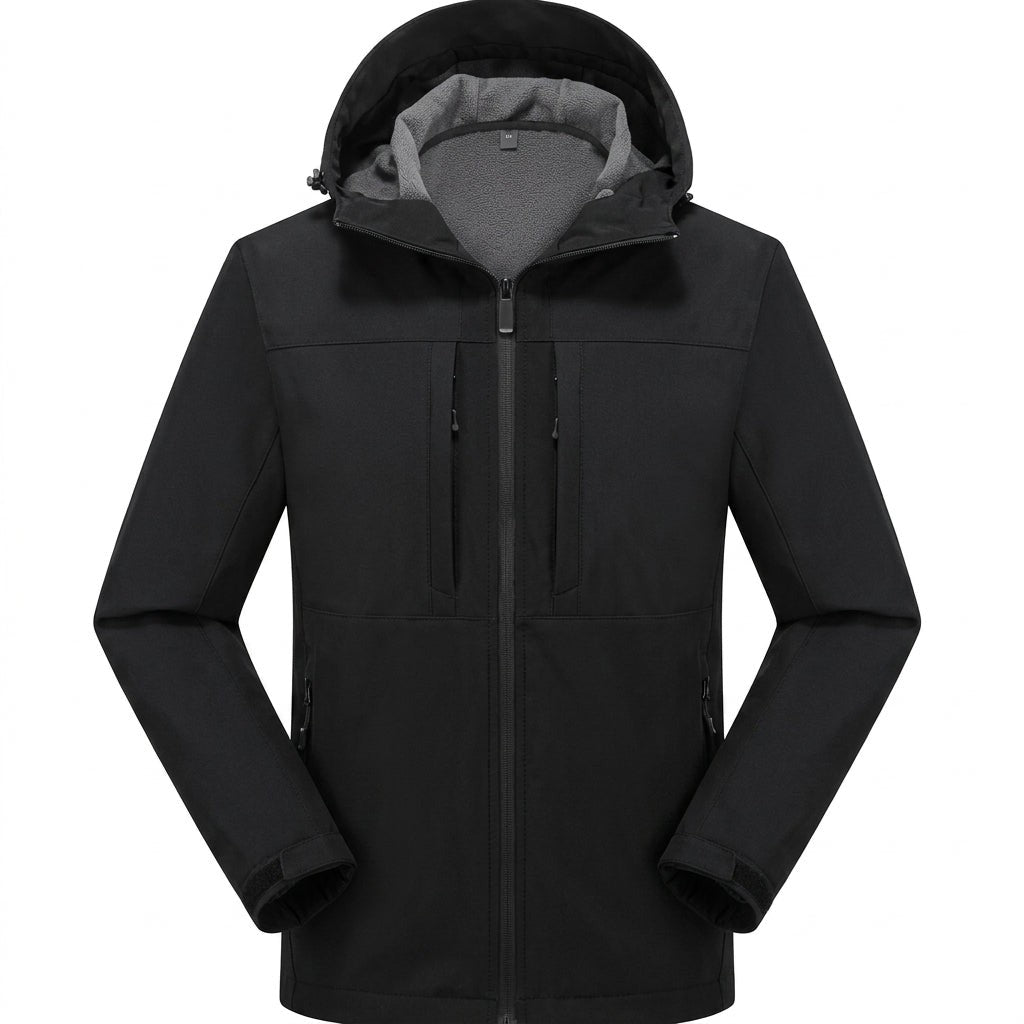 Schwarze Softshelljacke Herren mit Kapuze und Fleece-Innenfutter