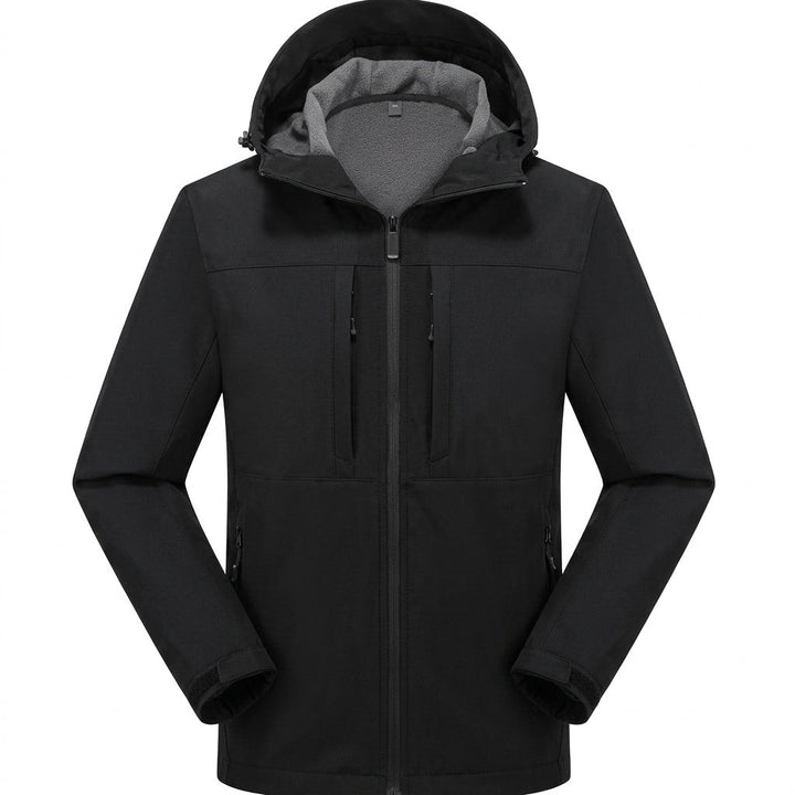 Schwarze Softshelljacke Herren mit Kapuze und Fleece-Innenfutter