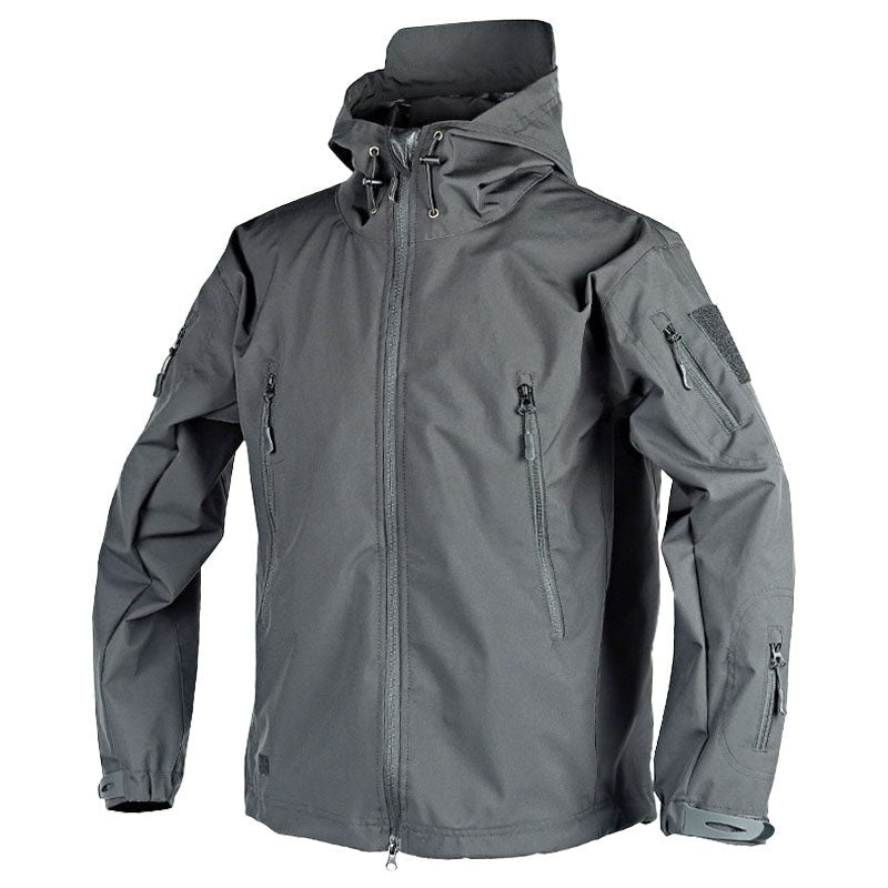 Softshell-Outdoorjacke in Grau mit Kapuze und wasserabweisenden Reißverschlüssen