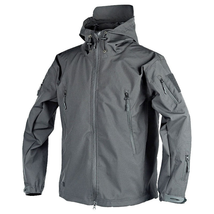 Softshell-Outdoorjacke in Grau mit Kapuze und wasserabweisenden Reißverschlüssen