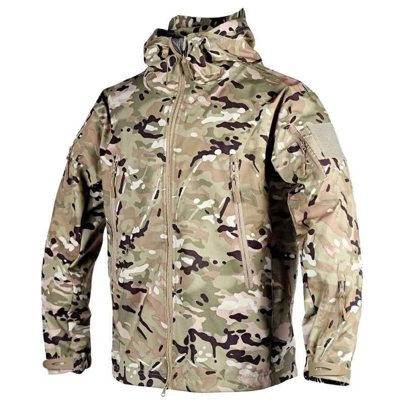 Camouflage-Outdoorjacke in Multicam mit Kapuze und taktischen Ärmeltaschen