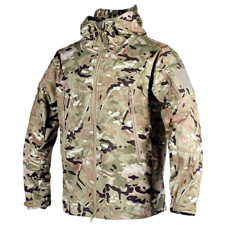 Camouflage-Outdoorjacke in Multicam mit Kapuze und taktischen Ärmeltaschen