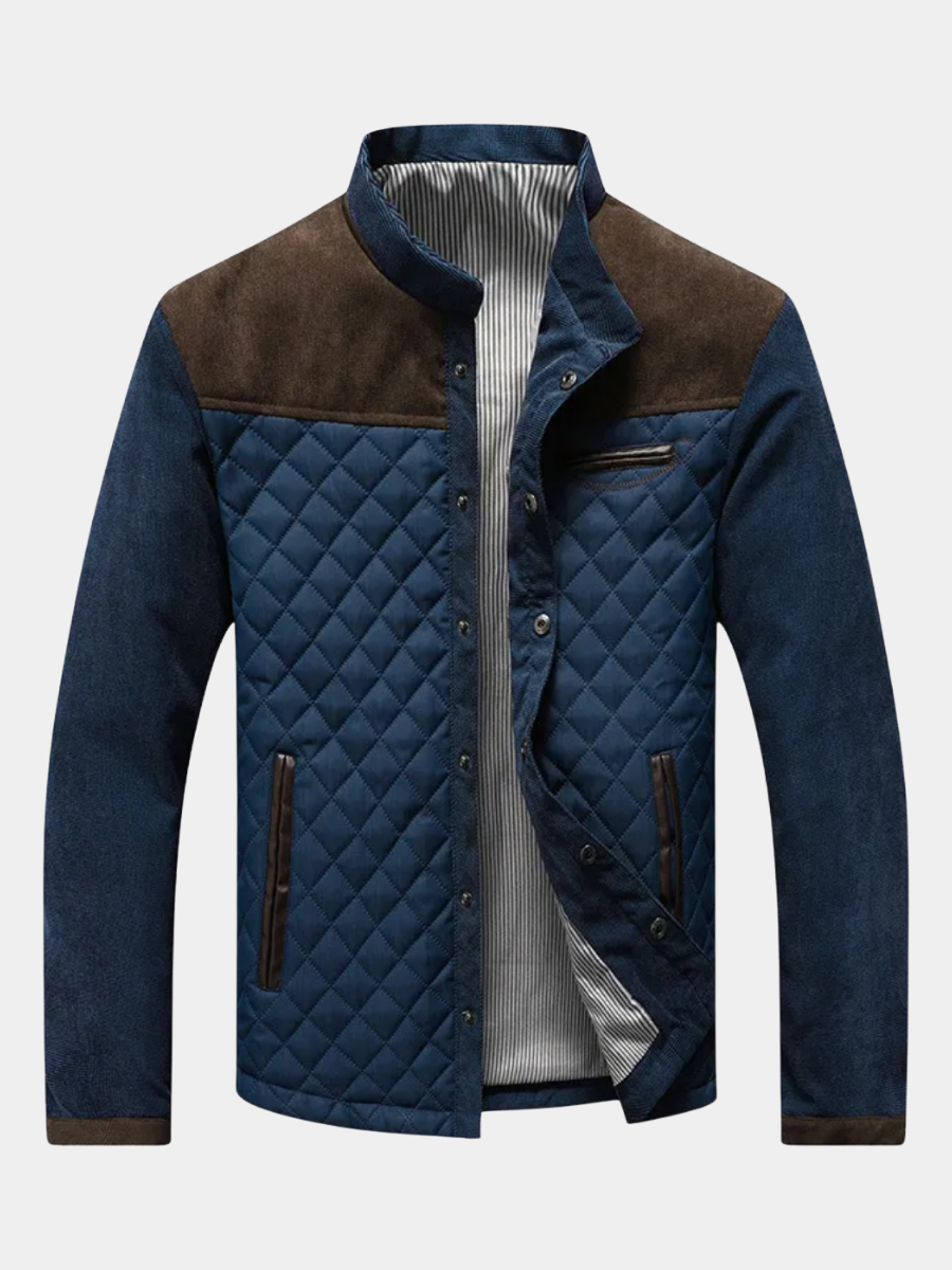 Herrenjacke marineblau mit Rautensteppung und braunen Schulterpatches aus Cord