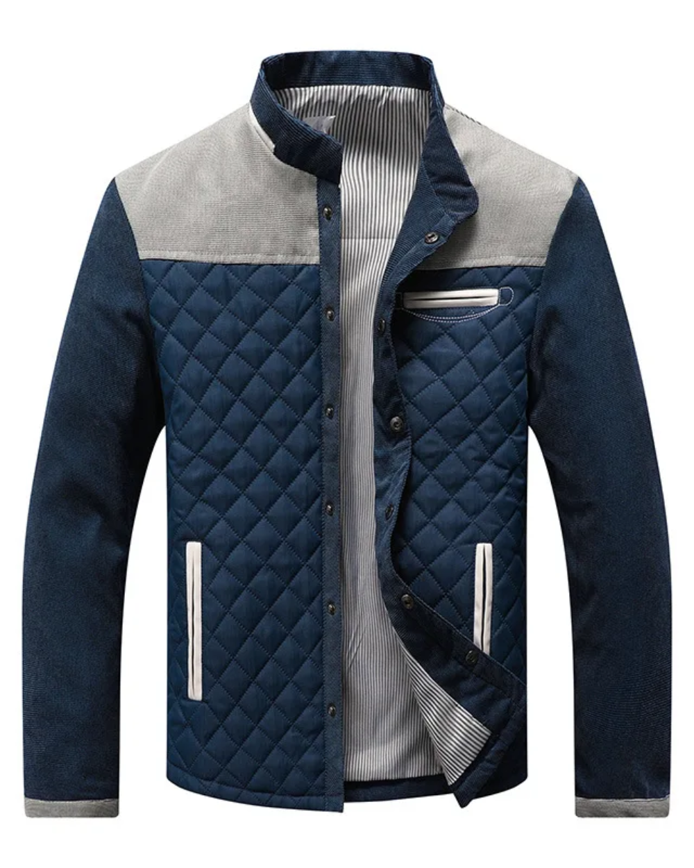 Marineblaue Steppjacke mit hellgrauen Schulterpatches und Stehkragen